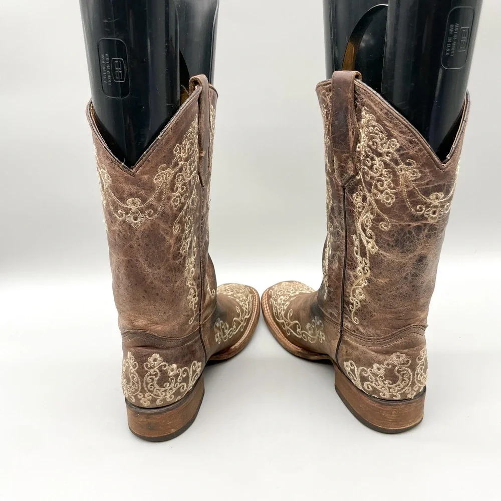 Corral Teen Size 4T Brown Leather Floral Embroidered Square Toe Western Boots